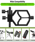 Deluxe Metal Telescope Mount All In One Phone And Camera Universal Adapter with various compatible optics illustrations.