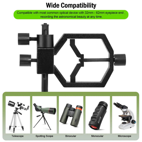 Deluxe Metal Telescope Mount All In One Phone And Camera Universal Adapter with various compatible optics illustrations.