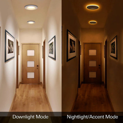 12 Pack Lit 5/6 Inch LED Recessed Can Lights With Night Light showing downlight and nightlight modes in a hallway.