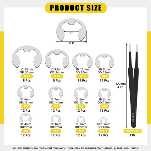 Stainless Steel Internal Tooth Star Lock Washers And E Clip Assortment Set For Metric Sizes M2 To M12 With External Retaining Rings 1.5mm To 15mm 136 E Clips In 12 Sizes And 100 Internal Tooth Star Lock Washers In 9 Sizes Pro Grade Fastener Kit size chart with tweezers