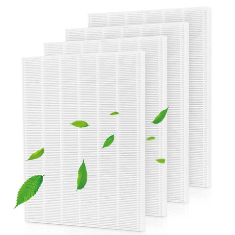4 Pack HEPA Filter Replacement For 5500-2 And AM80 Air Purifiers Compatible With 116130 Filter H showing white filters with green leaves