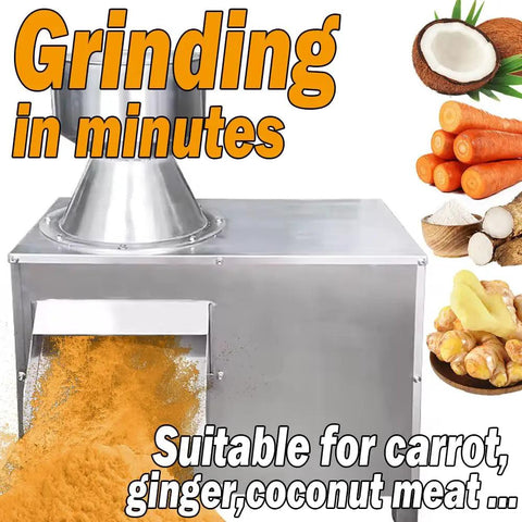Coconut Grinder And Root Veg Pulverizer 110V Stainless Steel Milling Crusher in action with grated coconut, carrots, ginger.