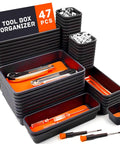 47 Piece Tool Drawer Organizer Set in Orange for Rolling Tool Chest Cabinet with heavy duty trays and screws visible