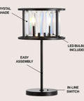 Oil Rubbed Bronze Two Light Metal And Crystal Table Lamp With Traditional Geometric Bedside Design For Living Room Or Bedroom, Linear Crystals, LED Bulbs Included, 21.5 Inch Tall with labeled parts