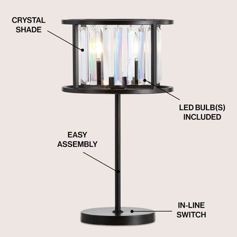 Oil Rubbed Bronze Two Light Metal And Crystal Table Lamp With Traditional Geometric Bedside Design For Living Room Or Bedroom, Linear Crystals, LED Bulbs Included, 21.5 Inch Tall with labeled parts