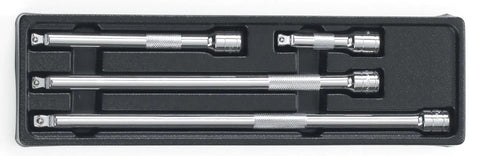 4 Piece Three Eighths Inch Drive Wobble Extension Set With Three Inch, Six Inch, Ten Inch, And Twelve Inch Lengths in tray