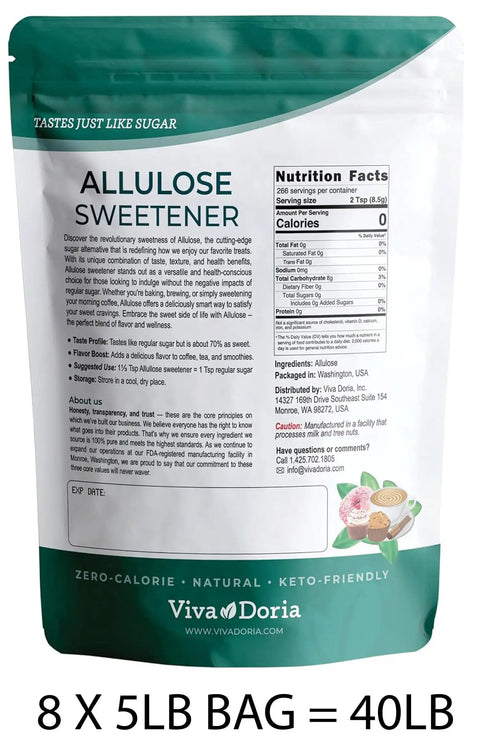 Allulose Sweetener Bulk 40 Lb Zero Calorie Sugar Substitute Your Go To For Coffee Tea Cooking And Baking Keto Friendly Non GMO Gluten Free Vegan Everyday Sweetener in resealable bag