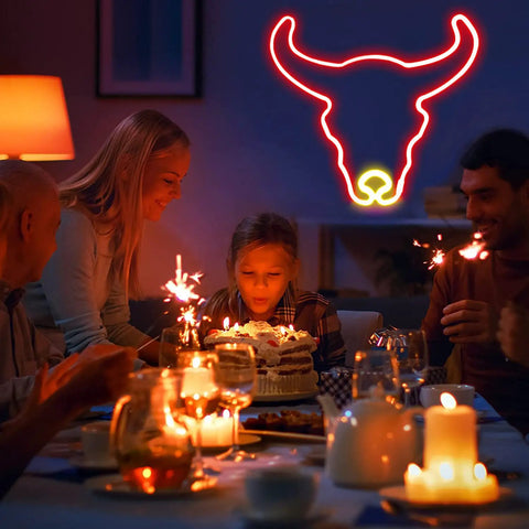 Family dining with Cow Neon Sign LED Neon Light Two Color Red And Gold USB Or Battery Powered Wall Decor creating cozy mood