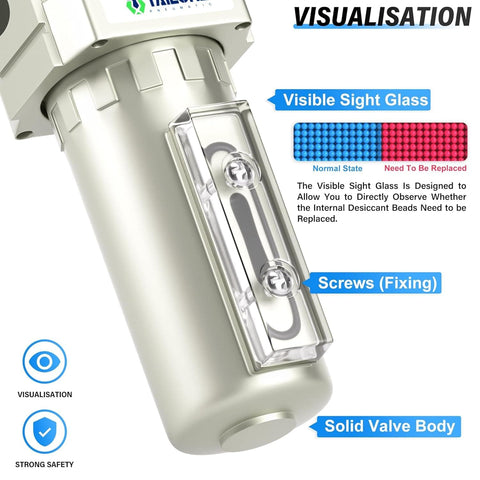 Heavy Duty One Half Inch NPT Industrial Desiccant Dryer with solid aluminum body and visible sight glass for compressed air.
