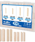 Wood Dowel Pin Set Kit For Woodworking And Furniture Repair Four Size Dowel Set With 230 Pieces And 6x30mm 8x30mm 8x40mm And 10x40mm Great For DIYers And Pros Alike For Quick Fixes Craft Projects And Heavy Furniture Repairs With Smooth Sanded Finish. 230-piece lotus hardwood dowel assortment in a storage box, showing 4 sizes