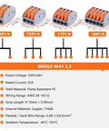 Diagram of All in One Lever Wire Connector Kit With 188 Pcs showing connector sizes and specifications