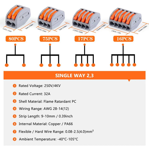 Diagram of All in One Lever Wire Connector Kit With 188 Pcs showing connector sizes and specifications