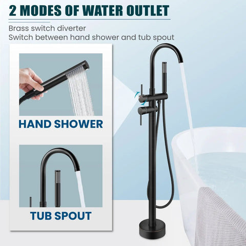 Floor Mount Bathtub Faucet High Flow Freestanding Tub Filler With 360 Degree Swivel Gooseneck Spout And Cylindrical Handheld Spray