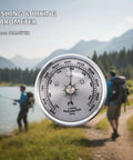 High Precision Indoor Barometer For Home Weather Tracking And Fishing Prep shown outdoors near lake, silver finish