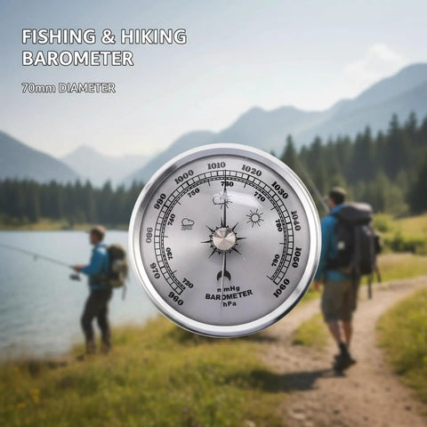 High Precision Indoor Barometer For Home Weather Tracking And Fishing Prep shown outdoors near lake, silver finish