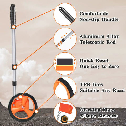 Distance Measuring Wheel With 20 Flag Markers, 40 Inch Reach, showing features like TPR tires and aluminum alloy rod
