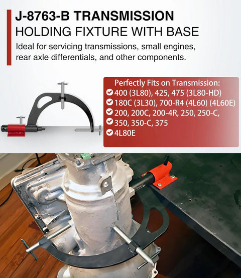 Universal Transmission Holding Fixture With Base For Rebuilding GM Transmissions 375 400 425 475 700-R4 4L60E 4L80E And Related Models Built Tough Transmission Holder Stand in use on a GM transmission.