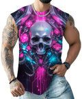 Mens 3D Printed Skull Sleeveless Muscle Tank Top detail showing vibrant skull graphic, perfect for summer streetwear and gym workout.