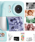 Kids Instant Print Camera 1080P Digital Camera With Built In Printer in blue, front view with sample printed photos and accessories