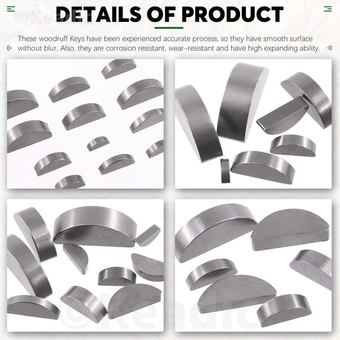 Woodruff key set: carbon steel half-mmoon keys, 15 metric sizes, 150 pcs, collage of front and close-up views.