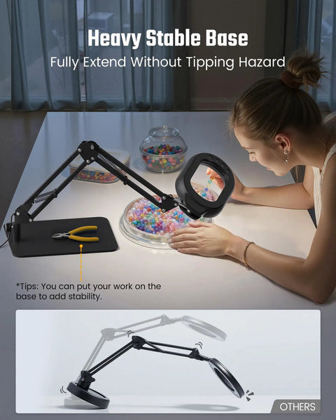 Woman using Crystal Clear 10X Square Magnifying Desk Lamp With Dimmable LED Light Clamp Or Base for crafting.