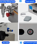 Pro Level Pneumatic Paste Filling Machine With Quick Turn Flow Dial No Sweat Automatic Dispenser features anti-drip filling head and air pressure gauge.