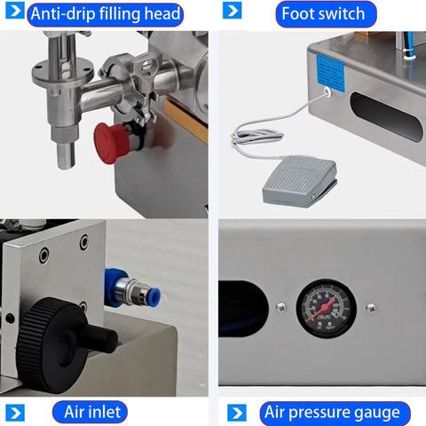 Pro Level Pneumatic Paste Filling Machine With Quick Turn Flow Dial No Sweat Automatic Dispenser features anti-drip filling head and air pressure gauge.