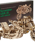 Scrambler UGR 10 Mechanical Model Kit With Working Rubber Band Motor Moving Pistons Belt Driven System 3D Puzzle Craft For Adults Totally Dope Hobby Build Classic Dual Sport Motorcycle Replica wooden motorcycle with sidecar, 380 parts, on box