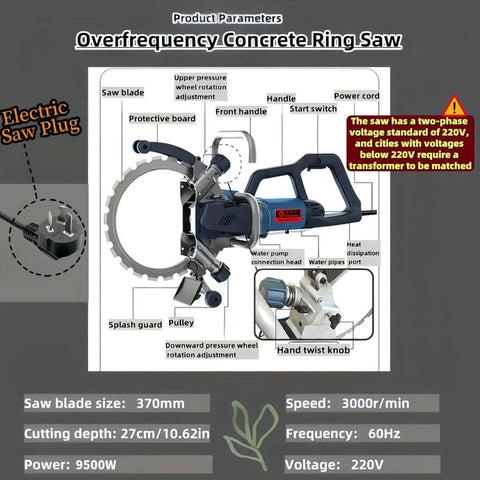 Boss Level Brushless Concrete Circular Saw Featuring Smart Auto Water Drip Tech for precise cutting with 370mm blade and 27cm depth.