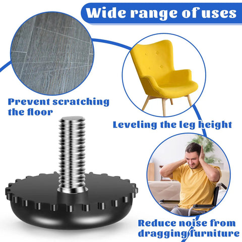 15 Pack 1/4 20 Adjustable Furniture Levelers Built From Heavy Duty Stainless Steel Screw In Feet, showing uses like floor protection and noise reduction.