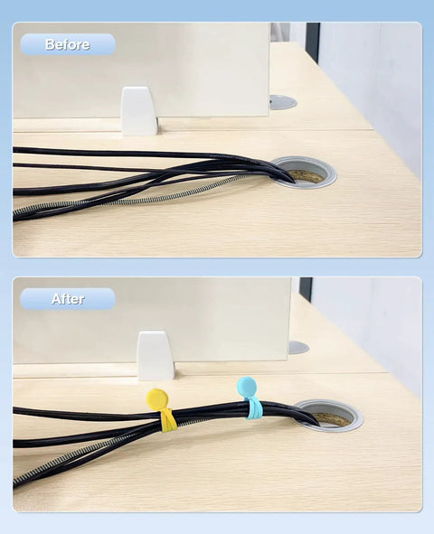 Before and after using 20 Piece Magnetic Cable Organizer Clips for Cable Management 7.48 Inch Set Reusable Silicone Cord Holder