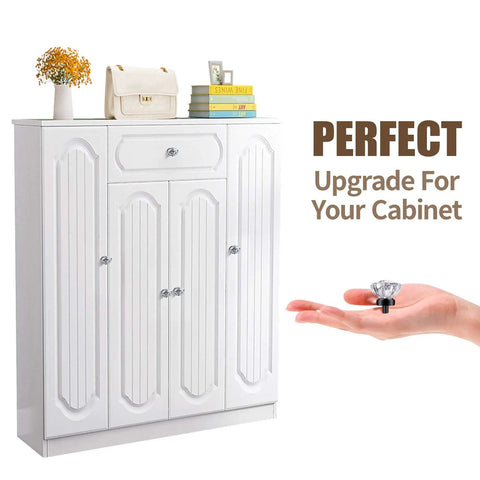 Person holding Matte Black Glass Cabinet Knob with Vintage Crystal near white cupboard with text 'Perfect Upgrade For Your Cabinet'.