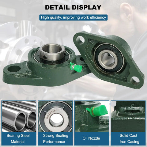 Four Pack Boxed UCFL201 Flange Mount Ball Bearing Unit Precision Engineered Dual Sealed Self Aligning Cast Iron Housing With Set Screw Lock Best For Serious Industry Work And Half Bore Needs Tough As Nails Heavy Duty Steel Gear, green UCFL201 flange bearing unit with cast iron housing and grease fitting