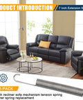 2 Pack Heavy Duty 7 Inch Recliner Tension Springs For Sofa Chair Mechanism Replacement Featuring Smooth Glide Motion And No Sweat Setup For Rock Solid Couch Comfort displayed next to a recliner and sofa.