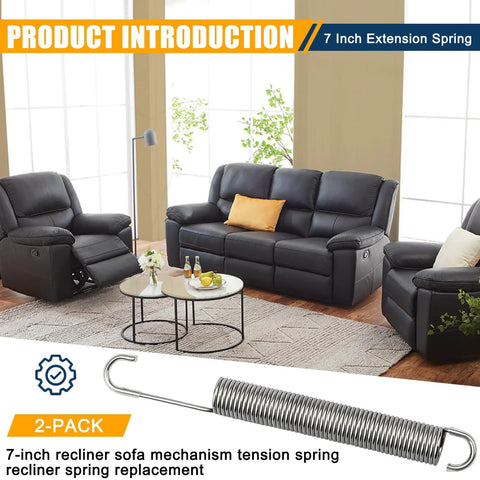 2 Pack Heavy Duty 7 Inch Recliner Tension Springs For Sofa Chair Mechanism Replacement Featuring Smooth Glide Motion And No Sweat Setup For Rock Solid Couch Comfort displayed next to a recliner and sofa.