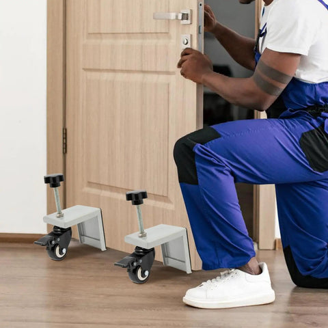 Heavy Hitter Door Dolly Cart 2 Pack 1000 Lb Capacity Steel Frame With 360 Swivel Brakes For Easy Panel Moves, showing rolling support under a door.