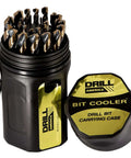 Drill America KFD29J-PC 29-piece high-speed steel drill bit set in black and gold round carrying case