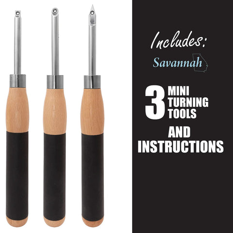 Carbide Mini Turning Tool Set For Wood Lathe 3 Piece With Flush Fit Comfort Grip Handles on white background; instructions on side