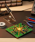 LED Flowing Light Soldering Practice Board PCB DIY Kit EK1874 With Exploding Water Lamp Effect on workbench with tools
