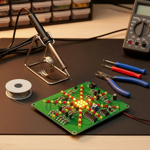 LED Flowing Light Soldering Practice Board PCB DIY Kit EK1874 With Exploding Water Lamp Effect on workbench with tools