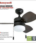 Ocean Breeze 30 Inch Ceiling Fan With Light Pull Chain LED Indoor Fan Three Speeds 3 Blades Bronze Finish