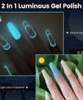 Glow In The Dark Gel Nail Polish Kit With 6 Neon Colors White Pink Green Blue Base And Top Coat Included UV Fluorescent Gel Set HEMA Free 0.25 Fl Oz Each Party Ready Night Glow Nail Art For Festivals showcasing glowing nails at night and color in the daytime