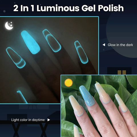 Glow In The Dark Gel Nail Polish Kit With 6 Neon Colors White Pink Green Blue Base And Top Coat Included UV Fluorescent Gel Set HEMA Free 0.25 Fl Oz Each Party Ready Night Glow Nail Art For Festivals showcasing glowing nails at night and color in the daytime