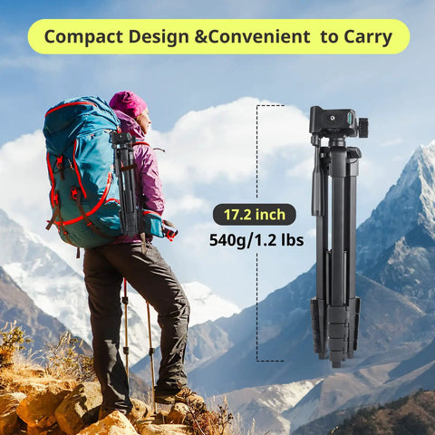 Hiker with compact 64 Inch Phone And Tablet Tripod Stand With Wireless Remote And 2 In 1 Phone Holder for travel in mountains