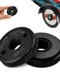 Close-up of 2 Pack 5/8-11 Quick Release Flange Nuts for angle grinders, black with knurled grip, next to a grinder and hand.