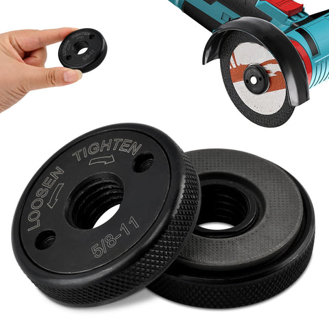 Close-up of 2 Pack 5/8-11 Quick Release Flange Nuts for angle grinders, black with knurled grip, next to a grinder and hand.