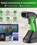 RD Series 2D QR Industrial Bluetooth Barcode Scanner With Charging Dock RD1950 next to various compatible devices