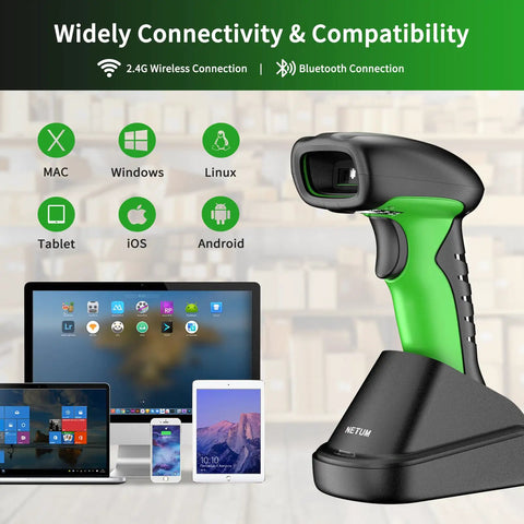 RD Series 2D QR Industrial Bluetooth Barcode Scanner With Charging Dock RD1950 next to various compatible devices