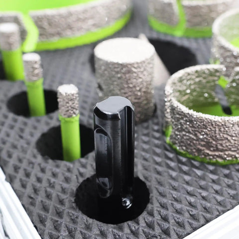 Porcelain Tile Diamond Core Drill Bit Set And Hole Saw Kit, 12 Piece with diamond bits in foam casing.