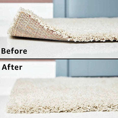 Before and after using Non Slip Rug Grippers For Area Rugs Pack Of 9 Reusable Washable Anti Slip Corner Pads With Double Sided Tape Keeps Rugs Flat And Stays Put On Hardwood Floors And Tile No Skid Easy Peel And Stick Rug Pad Grips